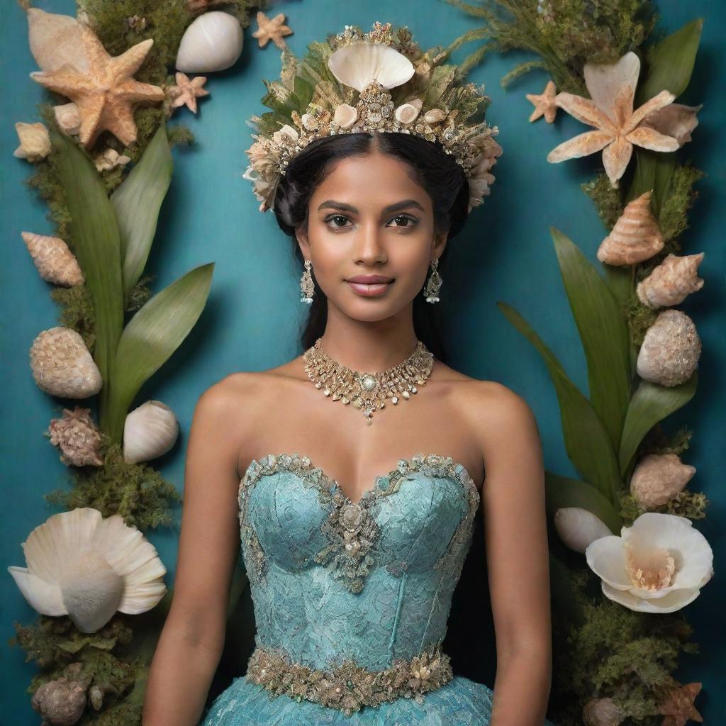 The Sri Lankan princess, previously emerging from the sea, is now intricately adorned with an array of lush sea plants along with her quaint sea shells and seaweeds.