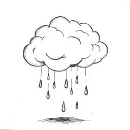 A hand-drawn black and white illustration of a cloud with raindrops, symbolizing the reflection and renewal that rain brings