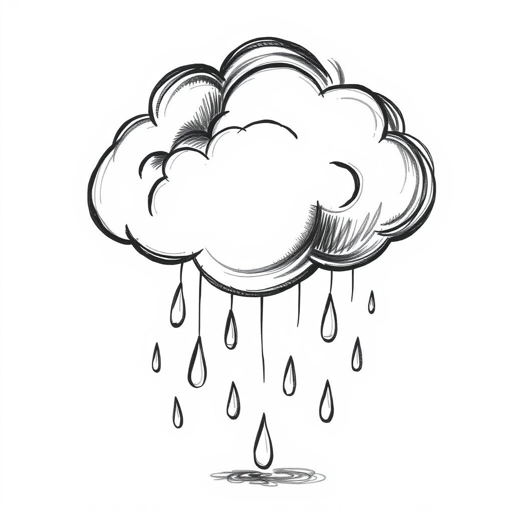 A hand-drawn black and white illustration of a cloud with raindrops, symbolizing the reflection and renewal that rain brings