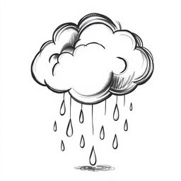 A hand-drawn black and white illustration of a cloud with raindrops, symbolizing the reflection and renewal that rain brings