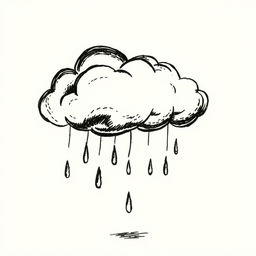 A hand-drawn black and white illustration of a cloud with raindrops, symbolizing the reflection and renewal that rain brings