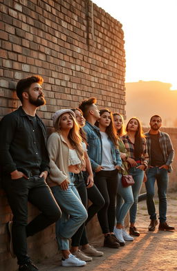 A romantic scene showcasing a diverse group of men and women leaning casually against a weathered brick wall, lost in thought about love