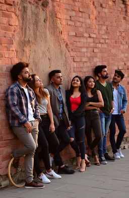 A romantic scene showcasing a diverse group of men and women leaning casually against a weathered brick wall, lost in thought about love