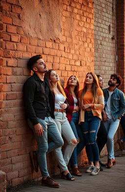 A romantic scene showcasing a diverse group of men and women leaning casually against a weathered brick wall, lost in thought about love