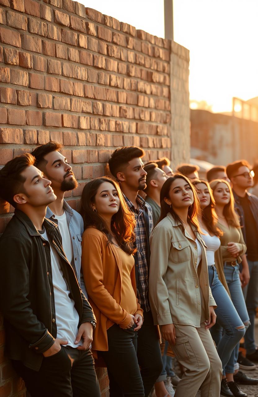 A romantic scene showcasing a diverse group of men and women leaning casually against a weathered brick wall, lost in thought about love