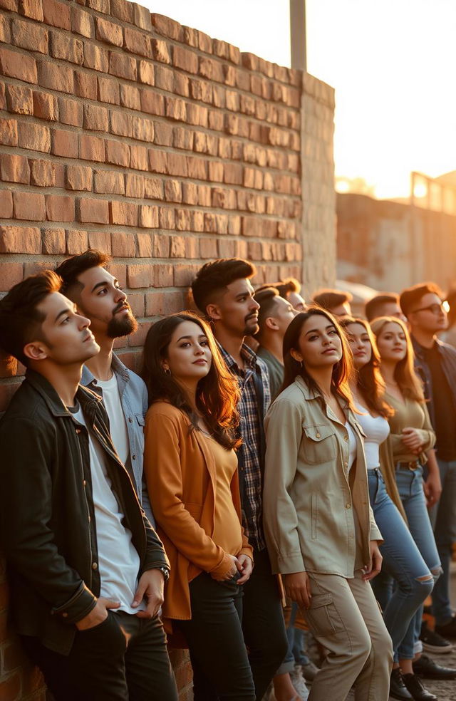 A romantic scene showcasing a diverse group of men and women leaning casually against a weathered brick wall, lost in thought about love