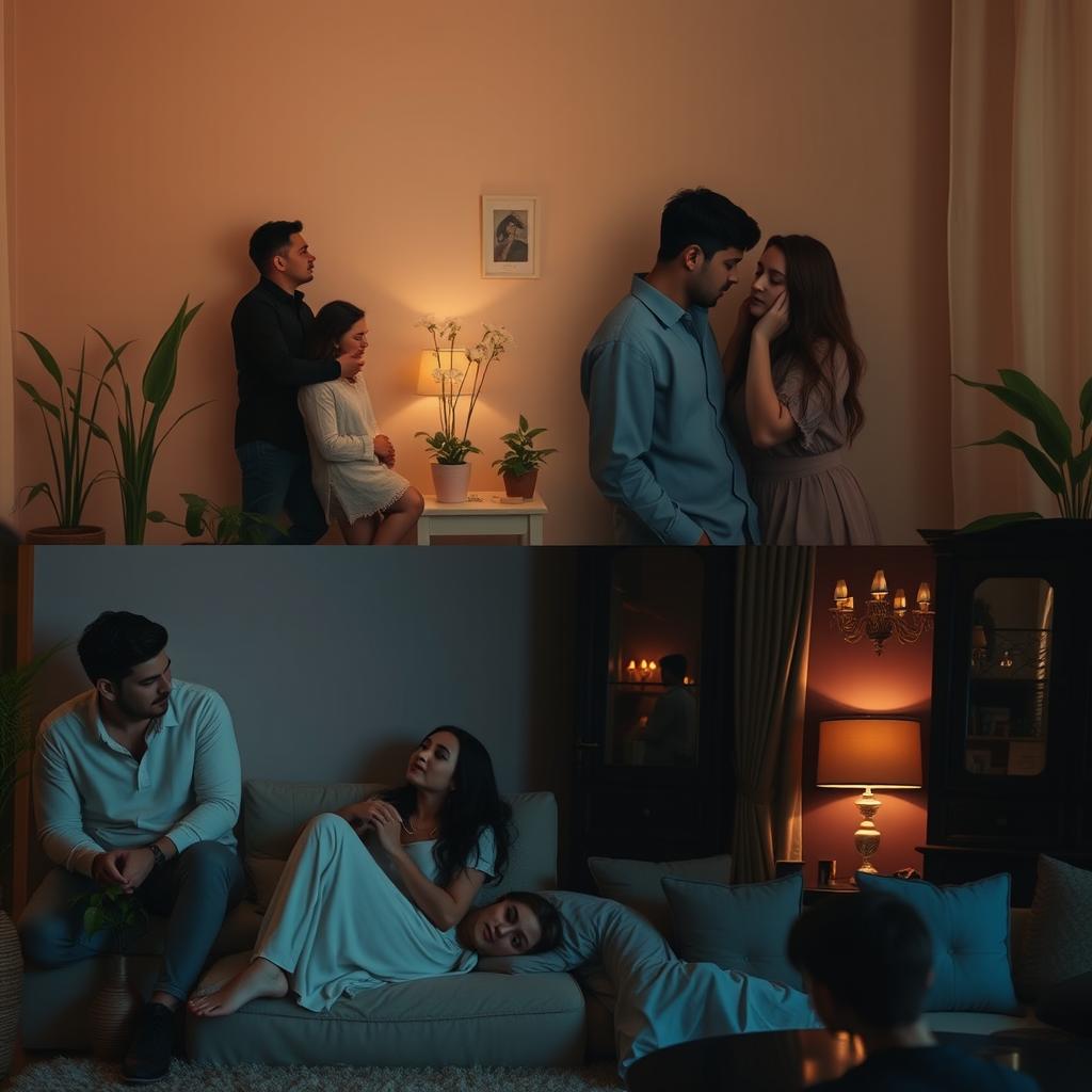 A romantic scene featuring two separate rooms where a diverse group of men and women are leaning against the walls, each in a moment of introspection about love