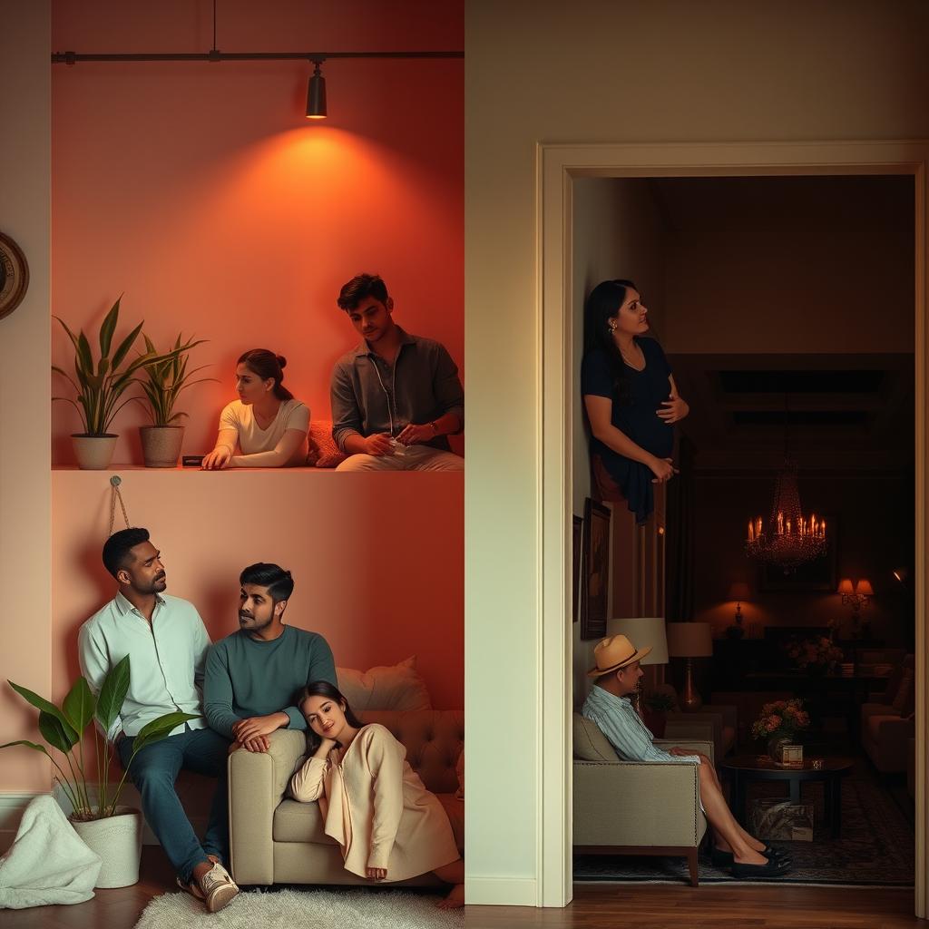 A romantic scene featuring two separate rooms where a diverse group of men and women are leaning against the walls, each in a moment of introspection about love