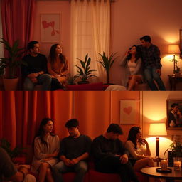 A romantic scene featuring two separate rooms where a diverse group of men and women are leaning against the walls, each in a moment of introspection about love