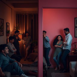 A romantic scene featuring two separate rooms where a diverse group of men and women are leaning against the walls, each in a moment of introspection about love