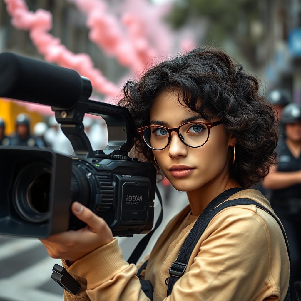 Daniela, a beautiful young woman with glasses, working as a camera operator in television