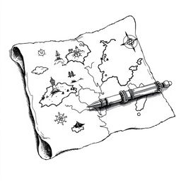 A hand-drawn black and white illustration of an ancient map with an ink pen resting beside it, symbolizing the journey of discovery and the exploration of the unknown