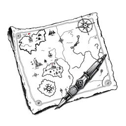 A hand-drawn black and white illustration of an ancient map with an ink pen resting beside it, symbolizing the journey of discovery and the exploration of the unknown