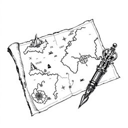 A hand-drawn black and white illustration of an ancient map with an ink pen resting beside it, symbolizing the journey of discovery and the exploration of the unknown