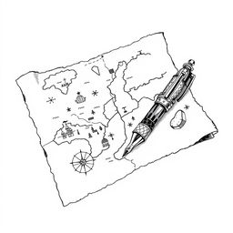 A hand-drawn black and white illustration of an ancient map with an ink pen resting beside it, symbolizing the journey of discovery and the exploration of the unknown