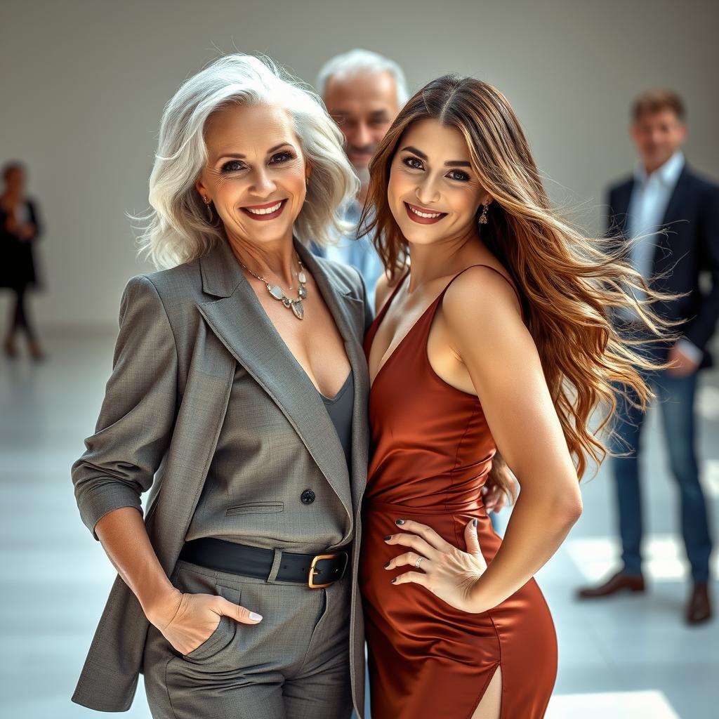 A visually striking image of a confident and attractive 65-year-old woman and a vibrant 25-year-old woman together, both exuding sexiness and charisma