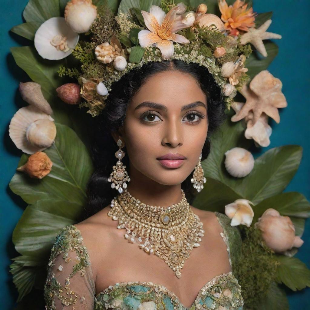 The Sri Lankan princess, previously emerging from the sea, is now intricately adorned with an array of lush sea plants along with her quaint sea shells and seaweeds.