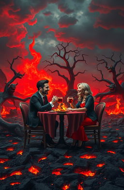 A surreal and imaginative depiction of a date set in an infernal landscape