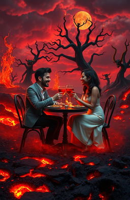 A surreal and imaginative depiction of a date set in an infernal landscape