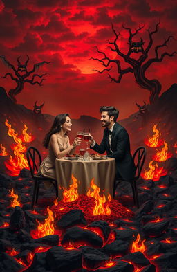 A surreal and imaginative depiction of a date set in an infernal landscape