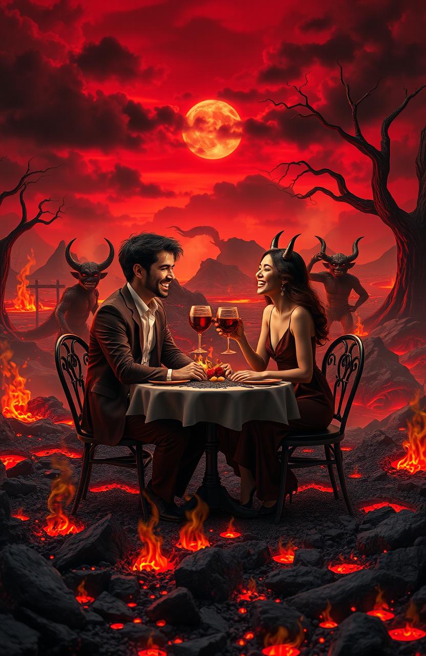 A surreal and imaginative depiction of a date set in an infernal landscape