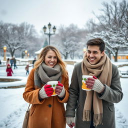 A cozy and romantic winter date scene featuring a couple bundled up in stylish winter attire