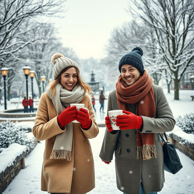 A cozy and romantic winter date scene featuring a couple bundled up in stylish winter attire