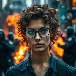 A young woman operator with curly brown hair and striking blue eyes, wearing stylish glasses