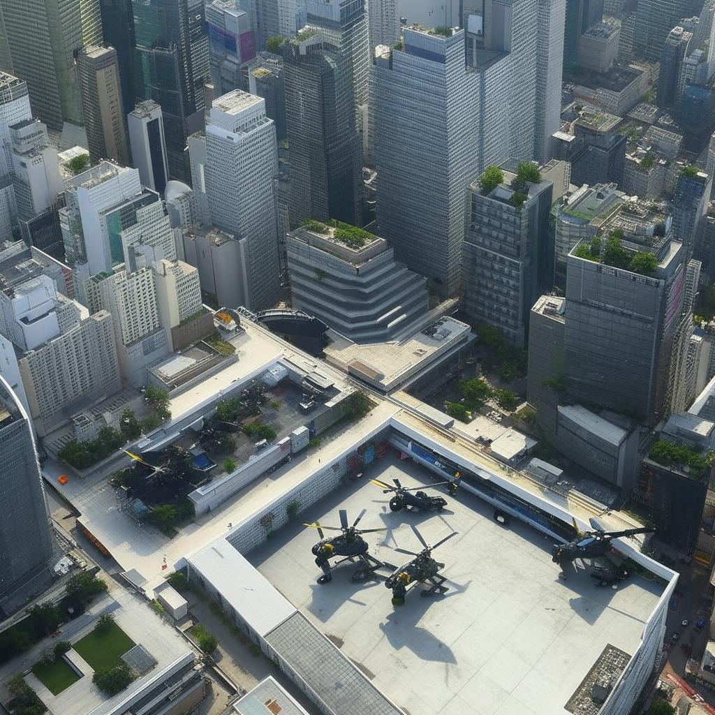 Five high-tech helicopters perched atop the helipad of a SWAT premises, in the heart of a bustling central business district under the bright daylight.