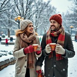 A cozy and romantic winter date scene featuring a couple bundled up in stylish winter attire