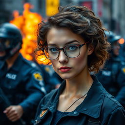 A young woman operator with curly brown hair and striking blue eyes, wearing stylish glasses