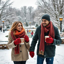 A cozy and romantic winter date scene featuring a couple bundled up in stylish winter attire