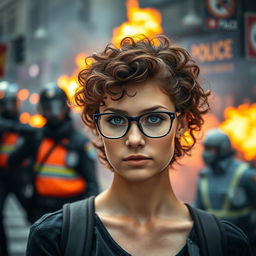 A young woman operator with curly brown hair and striking blue eyes, wearing stylish glasses