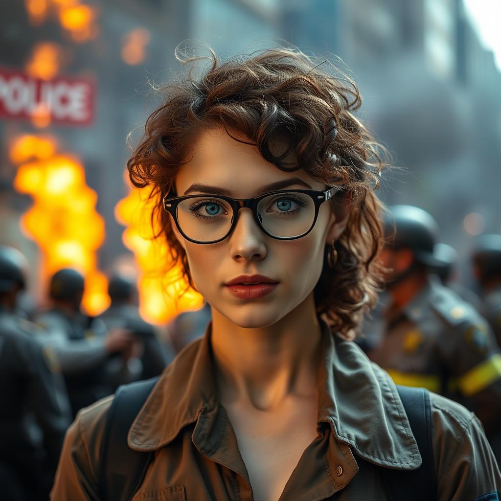 A young woman operator with curly brown hair and striking blue eyes, wearing stylish glasses