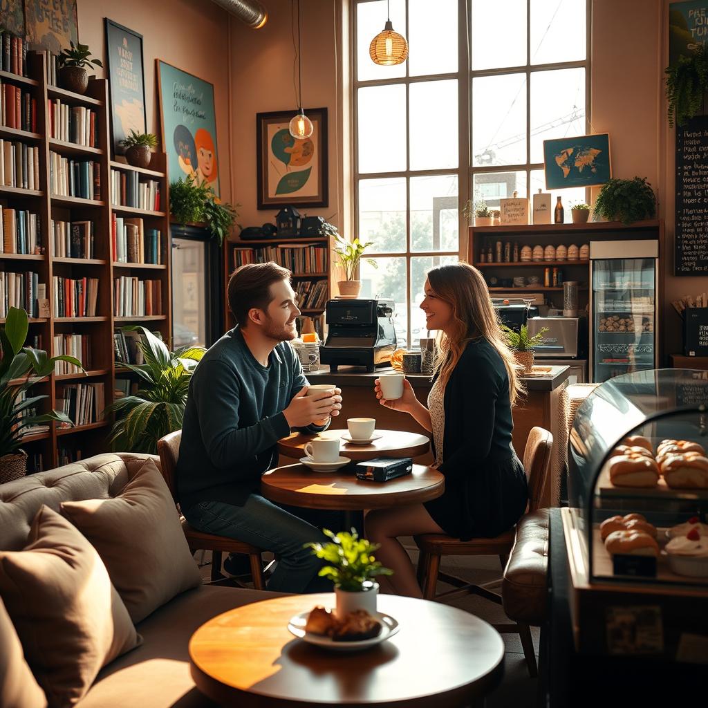 A cozy and intimate scene of a date taking place in a warmly lit coffee shop