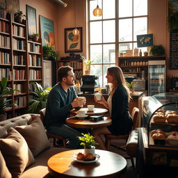 A cozy and intimate scene of a date taking place in a warmly lit coffee shop