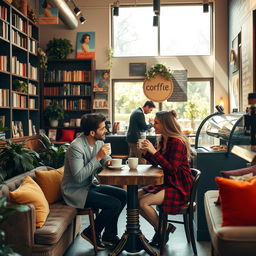 A cozy and intimate scene of a date taking place in a warmly lit coffee shop