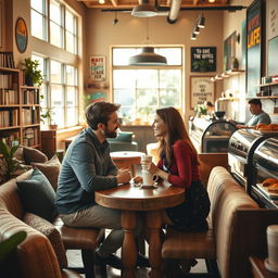 A cozy and intimate scene of a date taking place in a warmly lit coffee shop