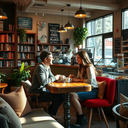 A cozy and intimate scene of a date taking place in a warmly lit coffee shop