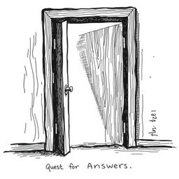 A hand-drawn black and white illustration of an ajar door, symbolizing the quest for answers and the openness to new possibilities