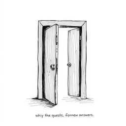 A hand-drawn black and white illustration of an ajar door, symbolizing the quest for answers and the openness to new possibilities