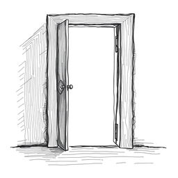 A hand-drawn black and white illustration of an ajar door, symbolizing the quest for answers and the openness to new possibilities