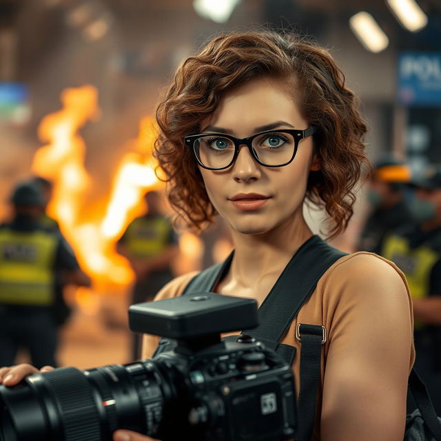 A young television camera operator, with curly brown hair and captivating blue eyes, wearing stylish glasses