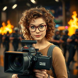 A young television camera operator, with curly brown hair and captivating blue eyes, wearing stylish glasses