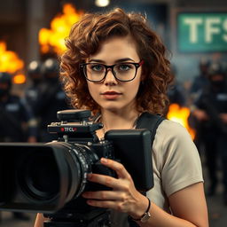 A young television camera operator, with curly brown hair and captivating blue eyes, wearing stylish glasses