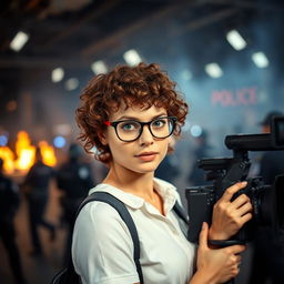 A young television camera operator, with curly brown hair and captivating blue eyes, wearing stylish glasses