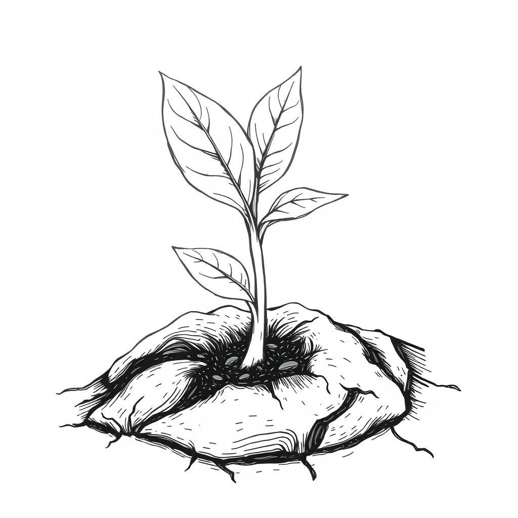 A hand-drawn black and white illustration of a sprout emerging from the soil, symbolizing new beginnings and the potential for growth