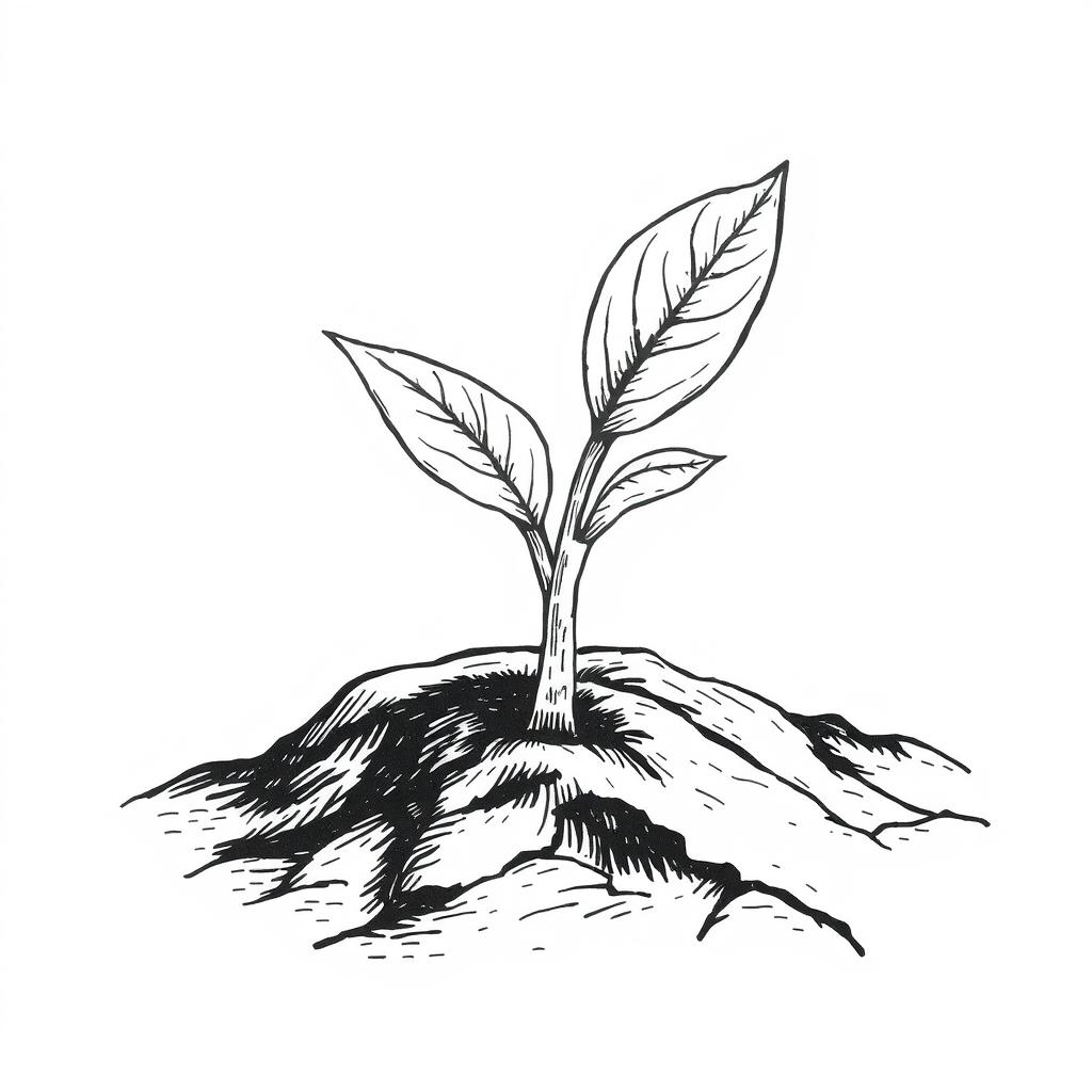 A hand-drawn black and white illustration of a sprout emerging from the soil, symbolizing new beginnings and the potential for growth