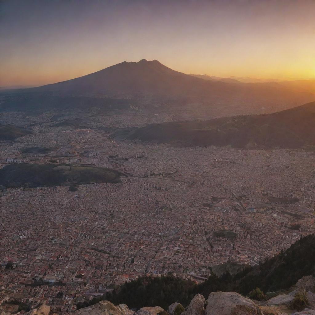 A stunning 8k resolution image of a sunset over a mountain with a small, distant view of the city of Cuenca, Ecuador