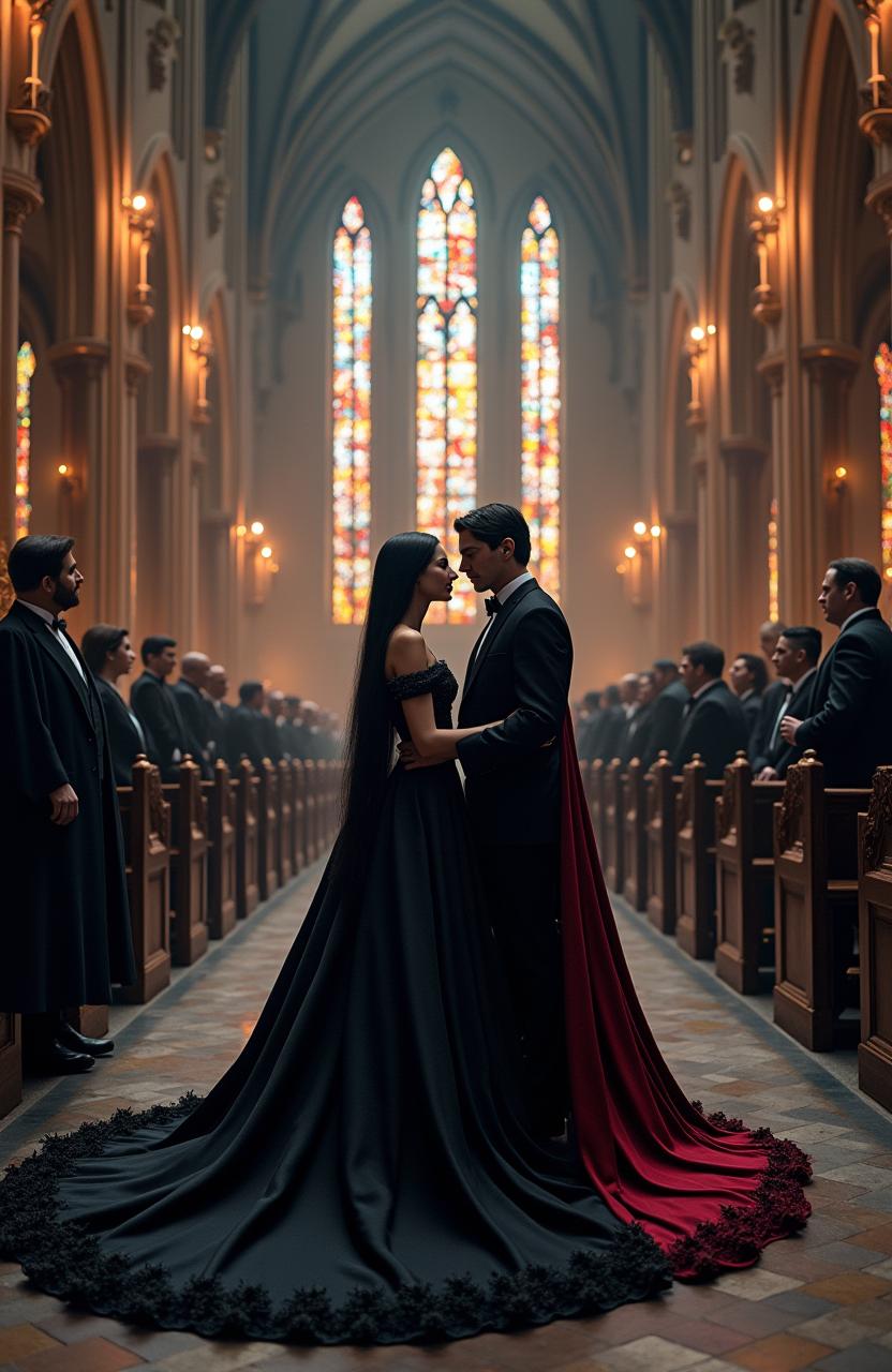 An adult Wednesday Addams, age 27, elegantly dressed in a stunning black gothic gown with a dramatic train, stands in an enormous gothic church adorned with colorful stained glass windows